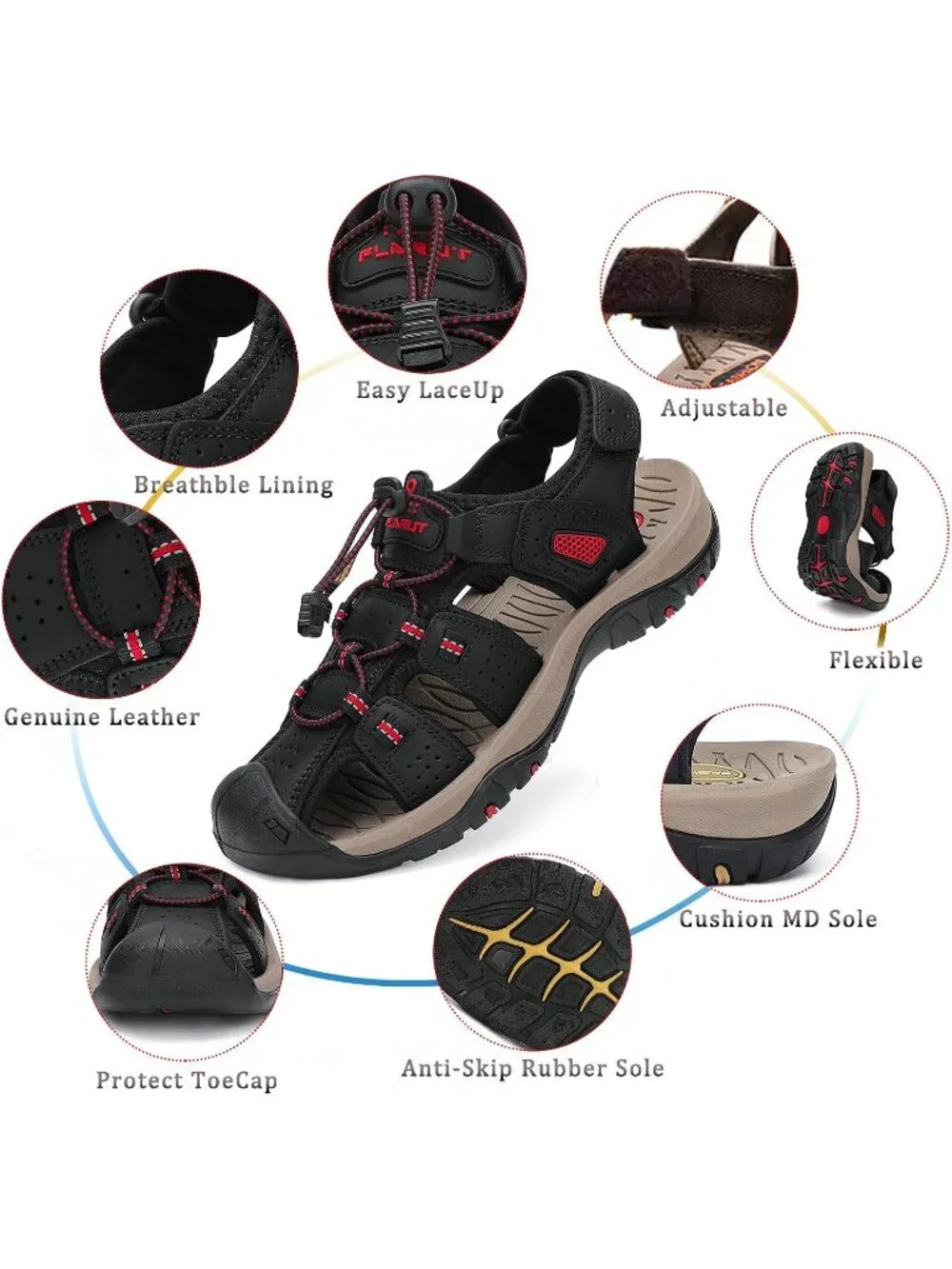 Men's Black Closed Toe Leather Athletic Outdoor Hiking Sport Casual Sandal Shoes